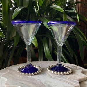 1990’s Pair of Hand Blown Mexican Martini Glasses - Vintage Barware Cocktail Set